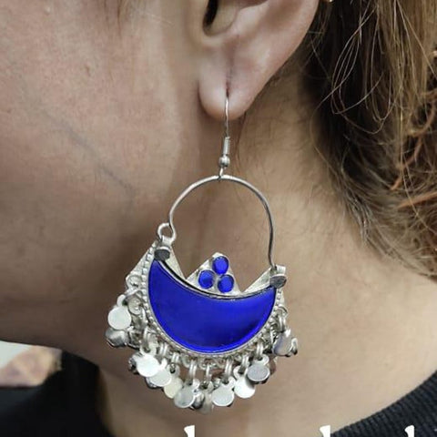 Moon shape blue color afghan earrings tribal kuchi earrings Afghan Kuchi Earrings Tribal Crescent Pendant Ethnic Dance Rhinestones Bohemian