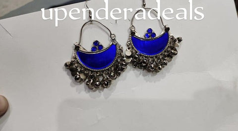 Moon shape blue color afghan earrings tribal kuchi earrings Afghan Kuchi Earrings Tribal Crescent Pendant Ethnic Dance Rhinestones Bohemian