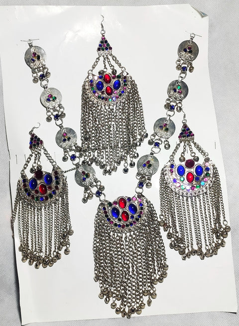 Afghan Jewellery Necklace Set Necklace, Earrings side tikka  with long chains Afghan jewelery afghan necklace earrings and set