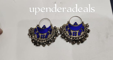 Moon shape blue color afghan earrings tribal kuchi earrings Afghan Kuchi Earrings Tribal Crescent Pendant Ethnic Dance Rhinestones Bohemian