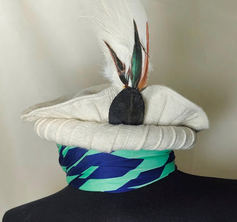 White pakol cap with feather with lines  handmade afghani hat Wool kausia hat chitrali topi wool stylish winter hat skull cap unisex hat