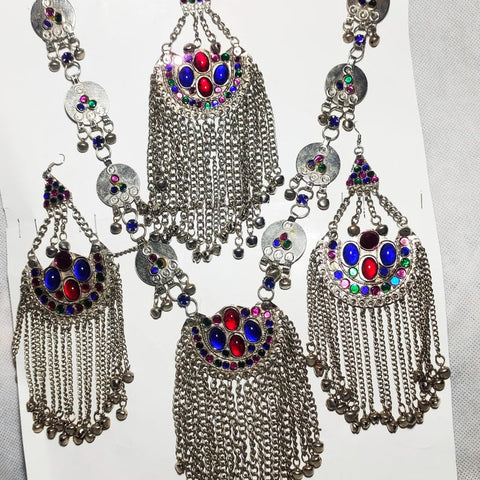 Afghan Jewellery Necklace Set Necklace, Earrings side tikka  with long chains Afghan jewelery afghan necklace earrings and set