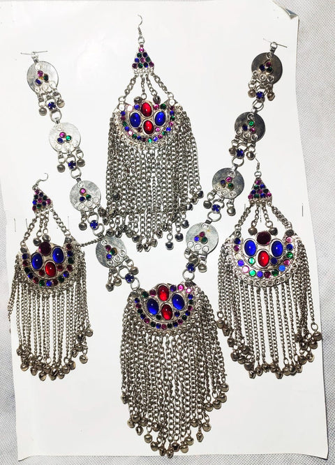 Afghan Jewellery Necklace Set Necklace, Earrings side tikka  with long chains Afghan jewelery afghan necklace earrings and set