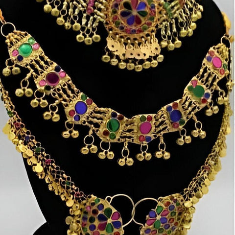 Gold color Afghan Jewellery Necklace Set Necklace Sahara Earrings Matha patti Headpiece and ring complete afghan jewelry set afghanistan