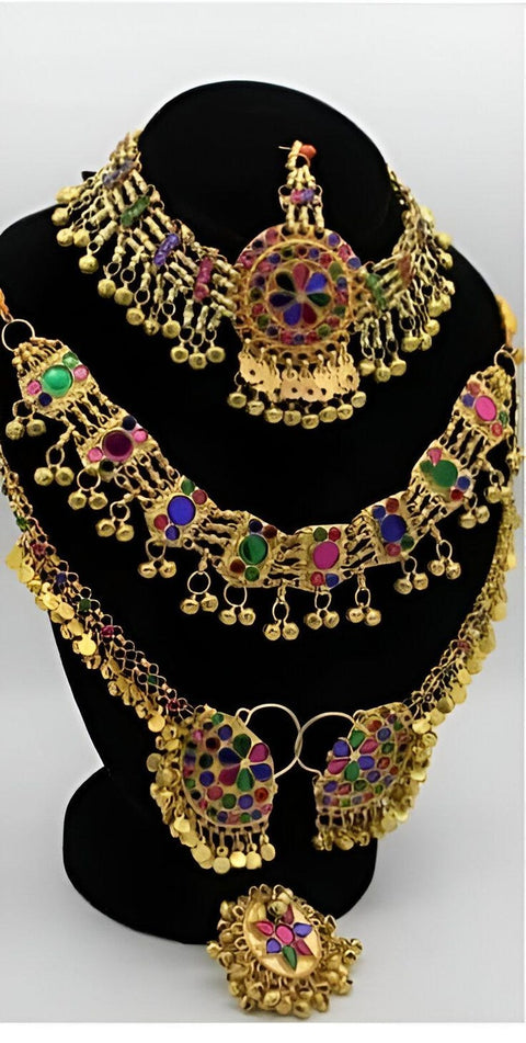 Gold color Afghan Jewellery Necklace Set Necklace Sahara Earrings Matha patti Headpiece and ring complete afghan jewelry set afghanistan