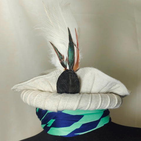 White pakol cap with feather with lines  handmade afghani hat Wool kausia hat chitrali topi wool stylish winter hat skull cap unisex hat