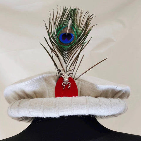 White pakol cap with feather and markhor badge handmade afghani hat Wool kausia hat chitrali topi wool stylish winter hat skull cap unisex