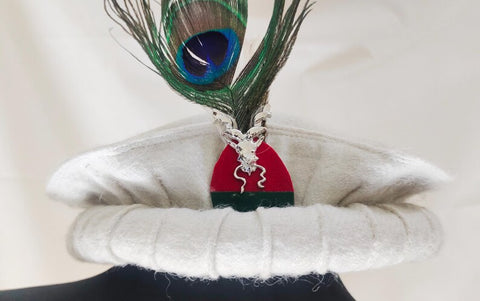 White pakol cap with feather and markhor badge handmade afghani hat Wool kausia hat chitrali topi wool stylish winter hat skull cap unisex