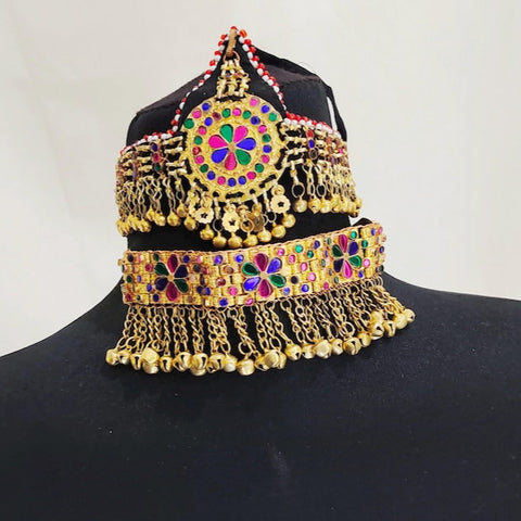 Gold color Afghan Jewellery Necklace Set Necklace Matha patti Headpiece complete afghan jewelry set afghanistan