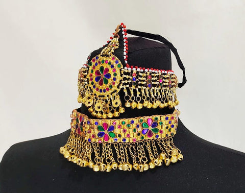 Gold color Afghan Jewellery Necklace Set Necklace Matha patti Headpiece complete afghan jewelry set afghanistan