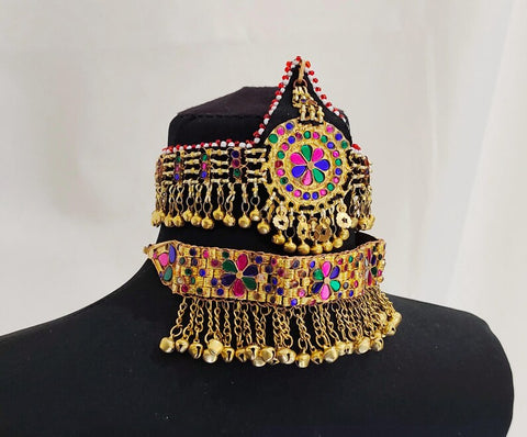 Gold color Afghan Jewellery Necklace Set Necklace Matha patti Headpiece complete afghan jewelry set afghanistan