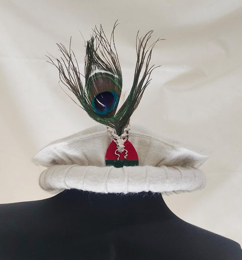 White pakol cap with feather and markhor badge handmade afghani hat Wool kausia hat chitrali topi wool stylish winter hat skull cap unisex