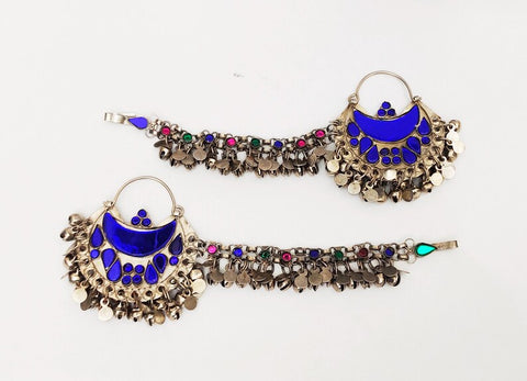 Blue Hoop Earrings with Hairclip, Statement Earrings, Handmade Boho Earrings, Afghan Earrings, Afghan Jewelry, Afghan Kuchi Earrings