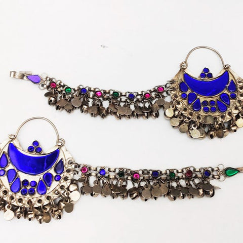 Blue Hoop Earrings with Hairclip, Statement Earrings, Handmade Boho Earrings, Afghan Earrings, Afghan Jewelry, Afghan Kuchi Earrings