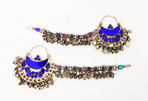 Blue Hoop Earrings with Hairclip, Statement Earrings, Handmade Boho Earrings, Afghan Earrings, Afghan Jewelry, Afghan Kuchi Earrings