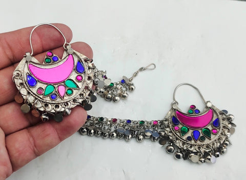Blue Hoop Earrings with Hairclip, Statement Earrings, Handmade Boho Earrings, Afghan Earrings, Afghan Jewelry, Afghan Kuchi Earrings