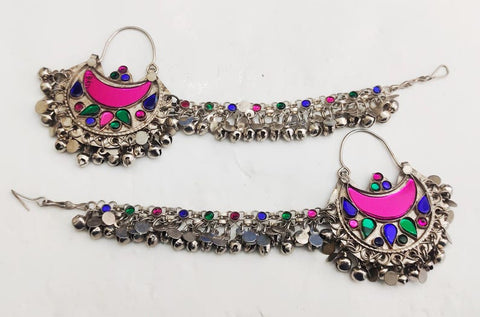 Blue Hoop Earrings with Hairclip, Statement Earrings, Handmade Boho Earrings, Afghan Earrings, Afghan Jewelry, Afghan Kuchi Earrings