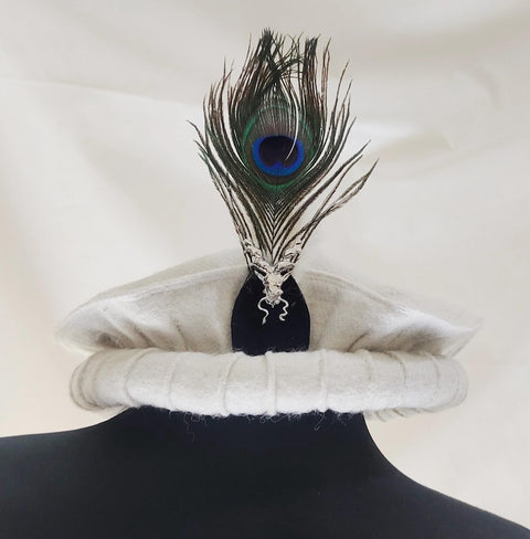 White pakol cap with feather and markhor badge handmade afghani hat Wool kausia hat chitrali topi wool stylish winter hat skull cap unisex