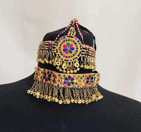 Gold color Afghan Jewellery Necklace Set Necklace Matha patti Headpiece complete afghan jewelry set afghanistan