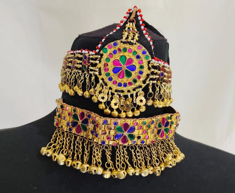 Gold color Afghan Jewellery Necklace Set Necklace Matha patti Headpiece complete afghan jewelry set afghanistan