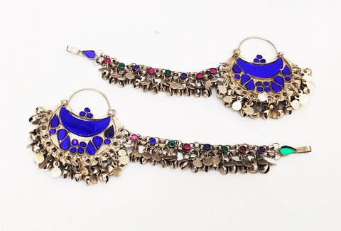 Blue Hoop Earrings with Hairclip, Statement Earrings, Handmade Boho Earrings, Afghan Earrings, Afghan Jewelry, Afghan Kuchi Earrings