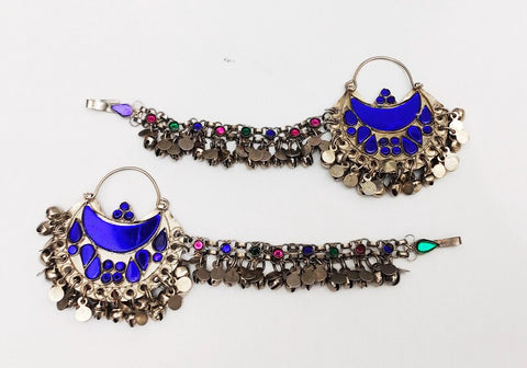 Blue Hoop Earrings with Hairclip, Statement Earrings, Handmade Boho Earrings, Afghan Earrings, Afghan Jewelry, Afghan Kuchi Earrings