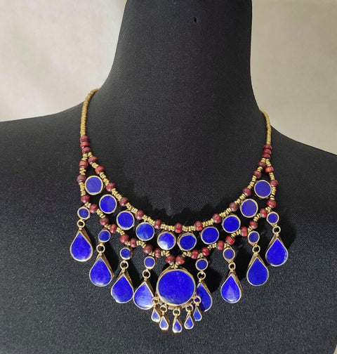 lapis lazuli necklace bib necklace statement necklace Afghan jewelry ethnic necklace royal blue beaded necklace gift for her