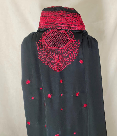 Black Afghan Topi Burqa with Red Embroidery, Traditional Islamic Full Cover  Cape Abaya, Chador Modest Full-Coverage Veil Women’s Clothing