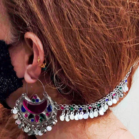 Blue Hoop Earrings with Hairclip, Statement Earrings, Handmade Boho Earrings, Afghan Earrings, Afghan Jewelry, Afghan Kuchi Earrings