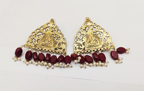 Intricately carved Afghan earrings with stones and pearl dangling handmade earrings tribal kuchi earrings women earrings