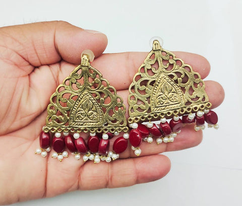 Intricately carved Afghan earrings with stones and pearl dangling handmade earrings tribal kuchi earrings women earrings
