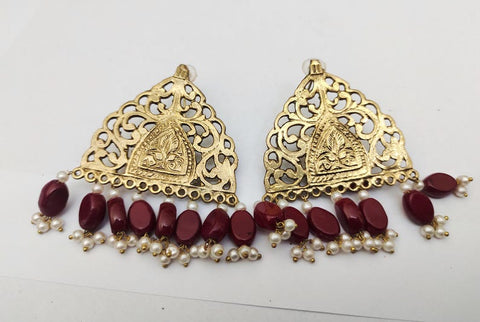 Intricately carved Afghan earrings with stones and pearl dangling handmade earrings tribal kuchi earrings women earrings
