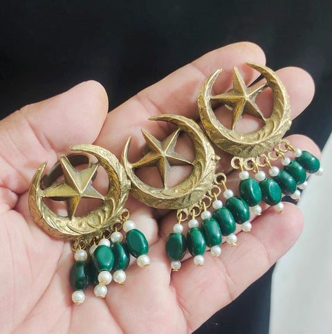 Moon and star earrings and ring Chand Sitara Ring Kuchi Earrings, Chand Tara Golden Tone Earrings With Small Pearls and Green Beads