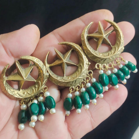 Moon and star earrings and ring Chand Sitara Ring Kuchi Earrings, Chand Tara Golden Tone Earrings With Small Pearls and Green Beads