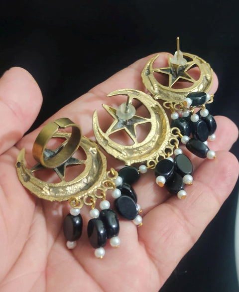 Moon and star earrings and ring Chand Sitara Ring Kuchi Earrings, Chand Tara Golden Tone Earrings With Small Pearls and Green Beads