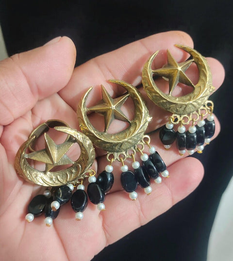 Moon and star earrings and ring Chand Sitara Ring Kuchi Earrings, Chand Tara Golden Tone Earrings With Small Pearls and Green Beads