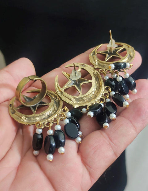 Moon and star earrings and ring Chand Sitara Ring Kuchi Earrings, Chand Tara Golden Tone Earrings With Small Pearls and Green Beads