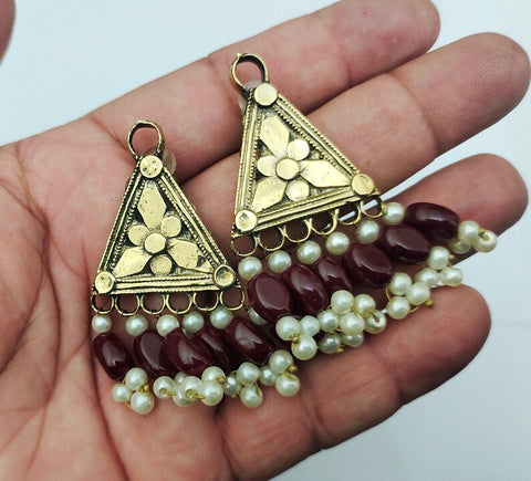 Intricately carved Afghan earrings with stones and pearl dangling handmade earrings tribal kuchi earrings women earrings