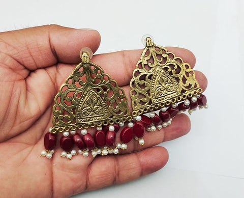 Intricately carved Afghan earrings with stones and pearl dangling handmade earrings tribal kuchi earrings women earrings