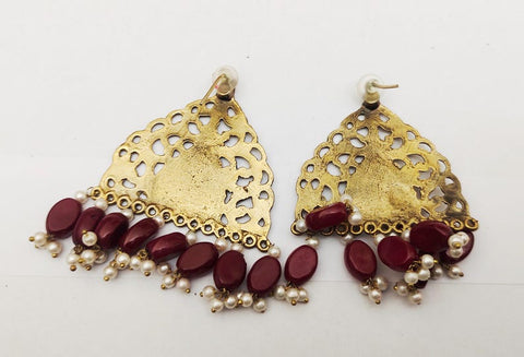 Intricately carved Afghan earrings with stones and pearl dangling handmade earrings tribal kuchi earrings women earrings