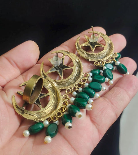 Moon and star earrings and ring Chand Sitara Ring Kuchi Earrings, Chand Tara Golden Tone Earrings With Small Pearls and Green Beads