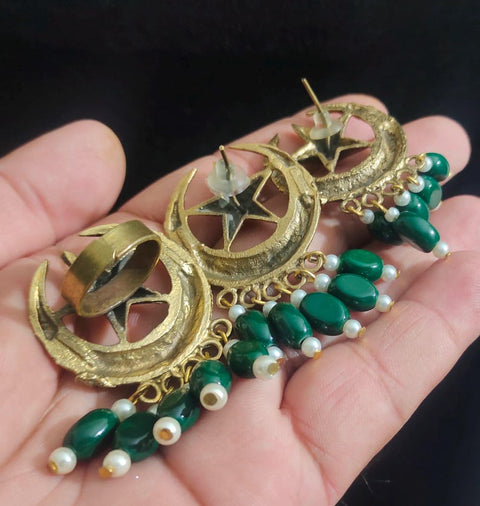 Moon and star earrings and ring Chand Sitara Ring Kuchi Earrings, Chand Tara Golden Tone Earrings With Small Pearls and Green Beads