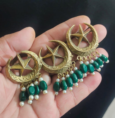 Moon and star earrings and ring Chand Sitara Ring Kuchi Earrings, Chand Tara Golden Tone Earrings With Small Pearls and Green Beads