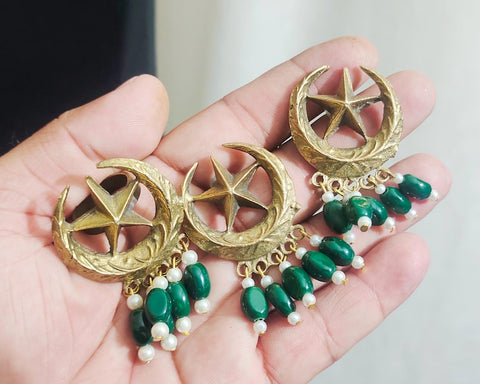 Moon and star earrings and ring Chand Sitara Ring Kuchi Earrings, Chand Tara Golden Tone Earrings With Small Pearls and Green Beads