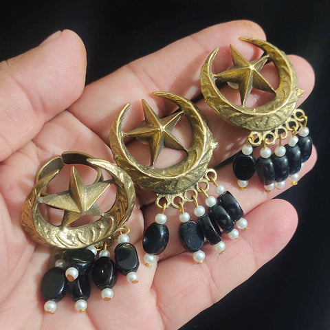 Moon and star earrings and ring Chand Sitara Ring Kuchi Earrings, Chand Tara Golden Tone Earrings With Small Pearls and Green Beads