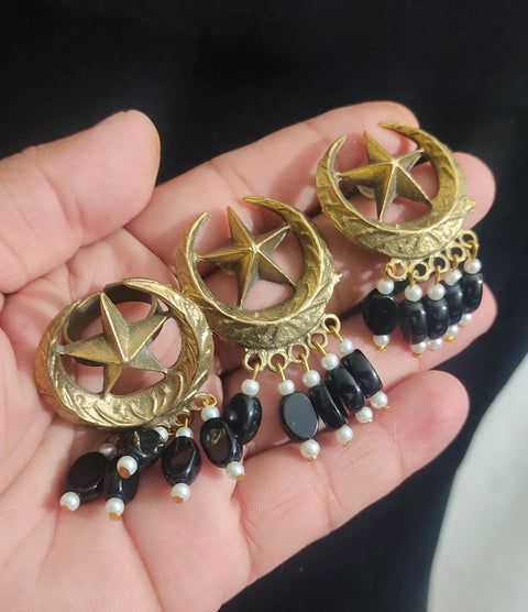 Moon and star earrings and ring Chand Sitara Ring Kuchi Earrings, Chand Tara Golden Tone Earrings With Small Pearls and Green Beads